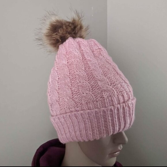 Cable knit pink beanie with pom pom hat - Picture 1 of 4
